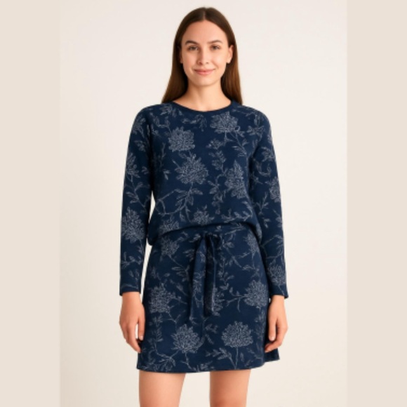 Loft Jacquard Skirt and Sweater Set Textured Dark Blue Floral Cotton blend Sz L - Picture 1 of 15